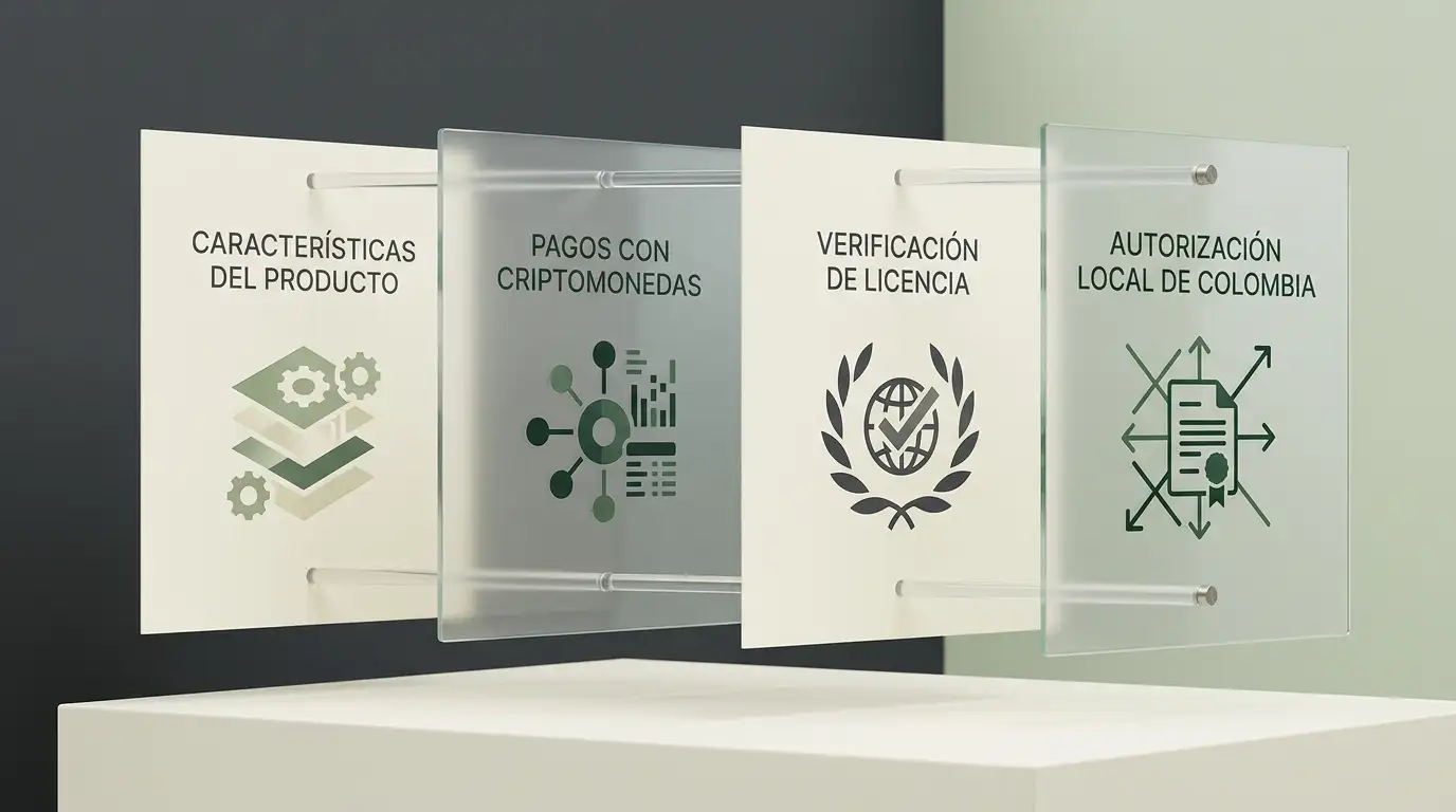 Diagrama conceptual de producto, pagos cripto, licencia de Curaçao y verificación de Coljuegos